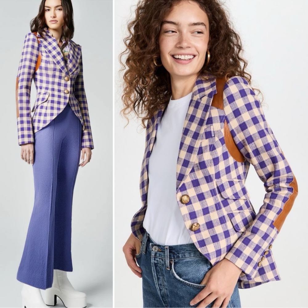 Smythe Purple and Cream Gingham Blazer with Tan Elbow Panels